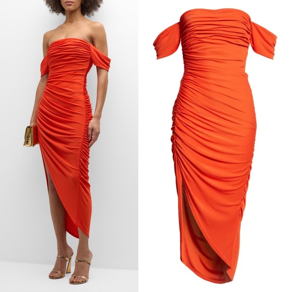 CINQ A SEPT NWT Delaney Off-Shoulder Ruched Midi Dress Burnt Orange Size 10 - Picture 2 of 13